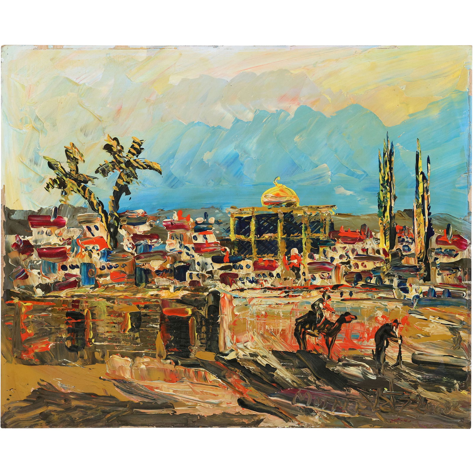Morris Katz, Jewish American, Acrylic Painting on Board Palm Trees and Mosque, Signed: Morris Katz, Jewish American, Acrylic Painting on Board Palm Trees and Mosque, Signed. Well Listed Artist. size: 24 inches x 20 inches. ASKart: Morris Katz (born Moshe Katz on March 5, 1932 in Galicia