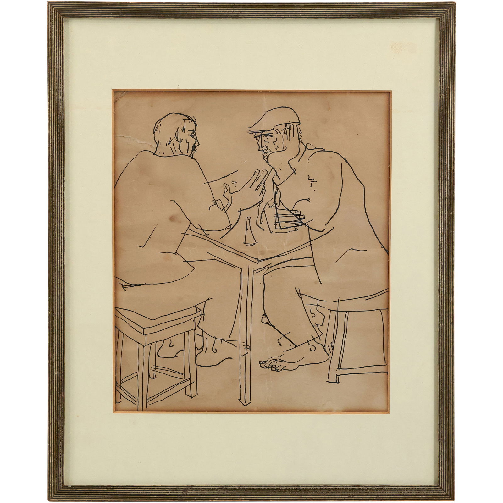 Signed Fleischer, Line Drawing of 2 Gentlemen in Conversation, Framed. (1 of 10)