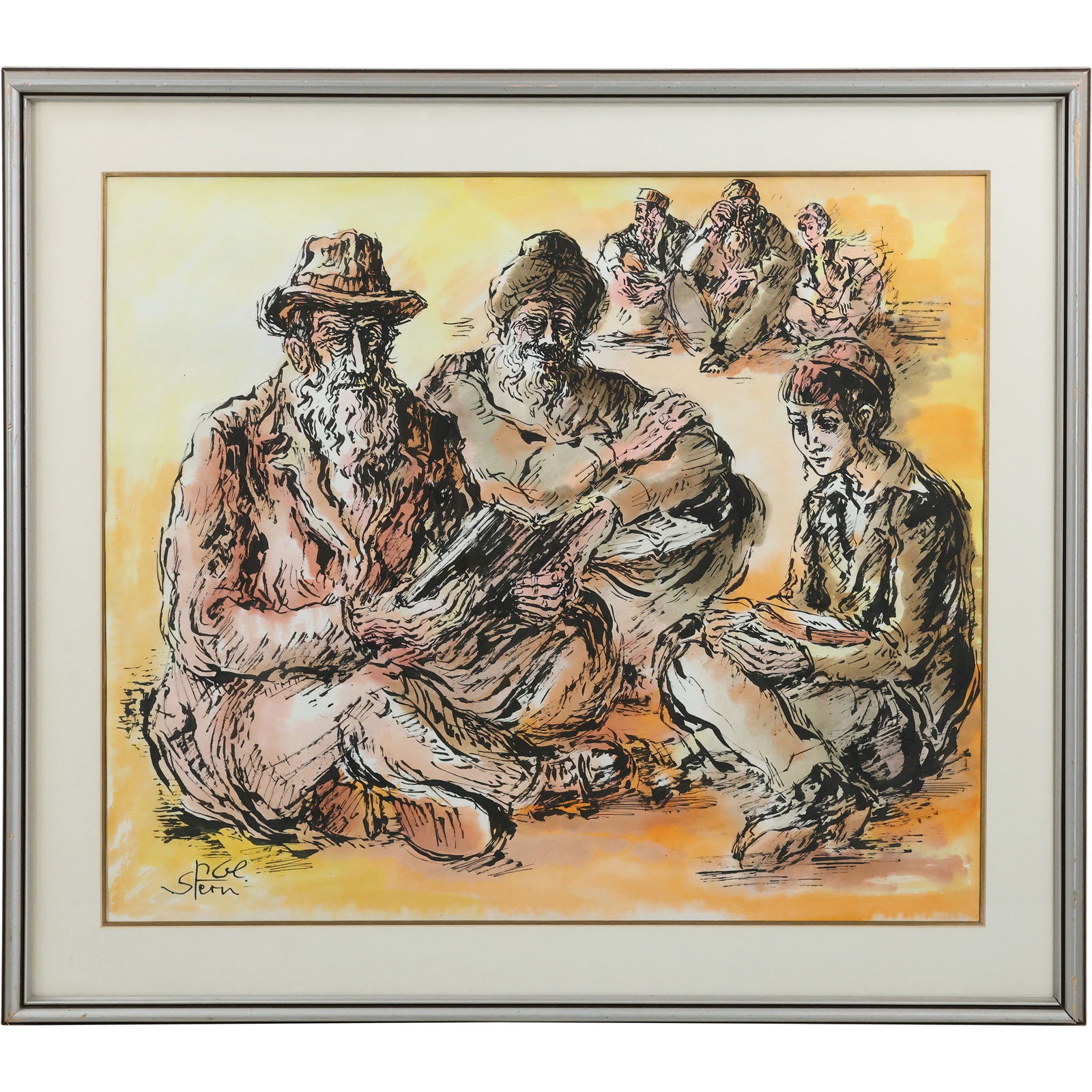 Yossi Stern (ISRAEL, HUNGARY 1923-1992], Watercolor Painting "Rabbi Elders Reading / Teaching" (1 of 18)