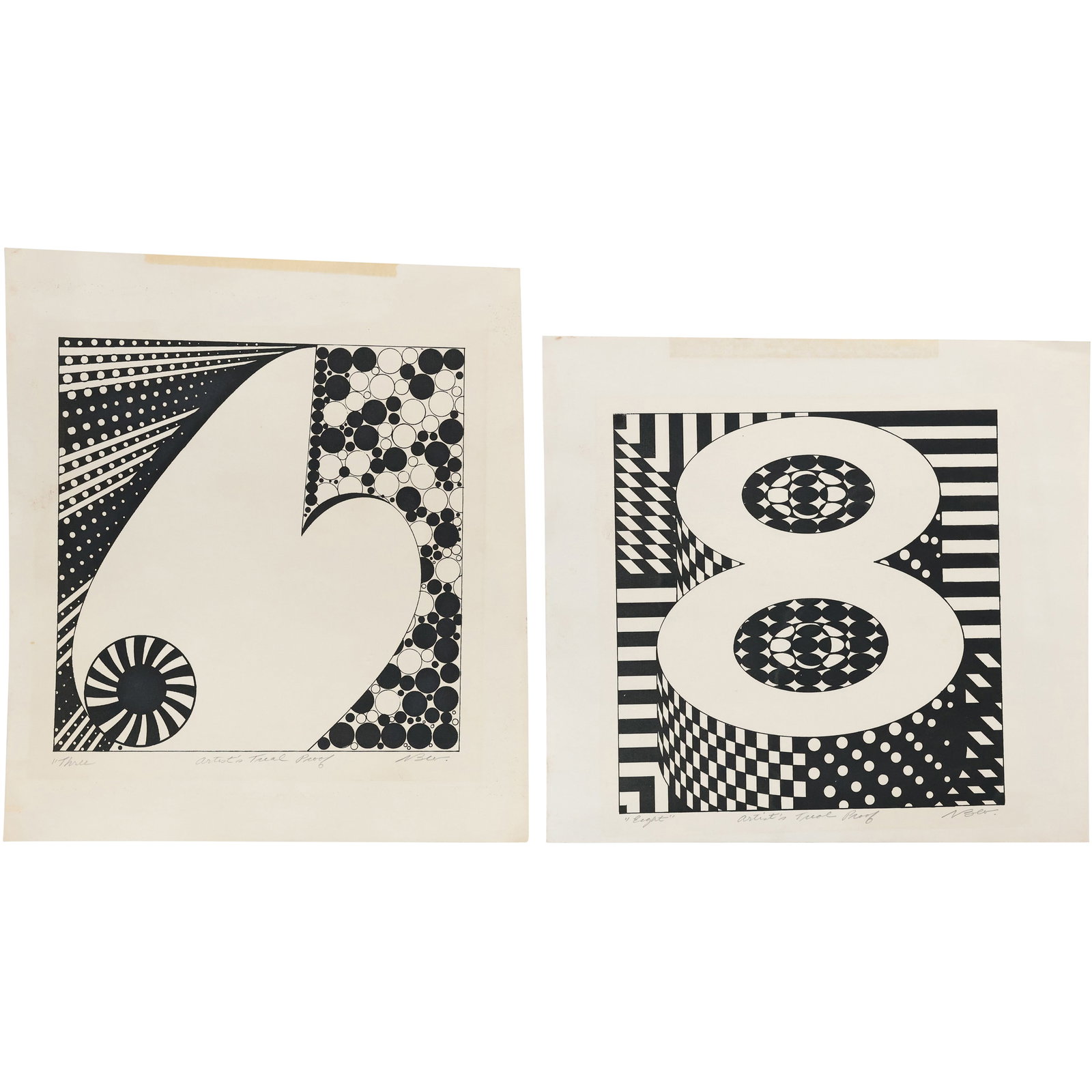 2 Bauhaus Movement Black and White Lithographs, "Three" & "Eight", Signed, Artist's Trial Proof (1 of 16)