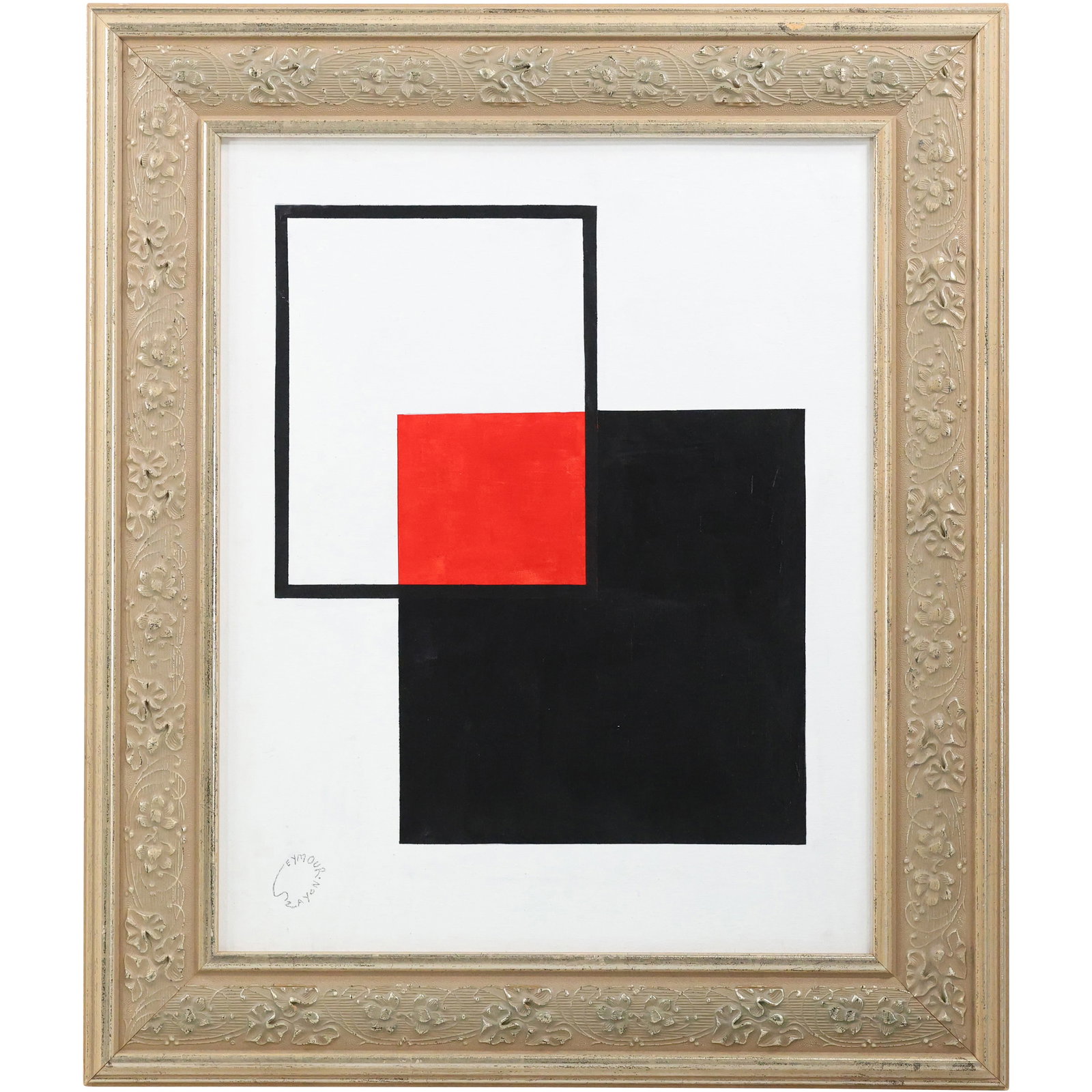 SEYMOUR ZAYON, American, Oil on Board Painting Abstract Squares Red, Black, on White (1 of 15)