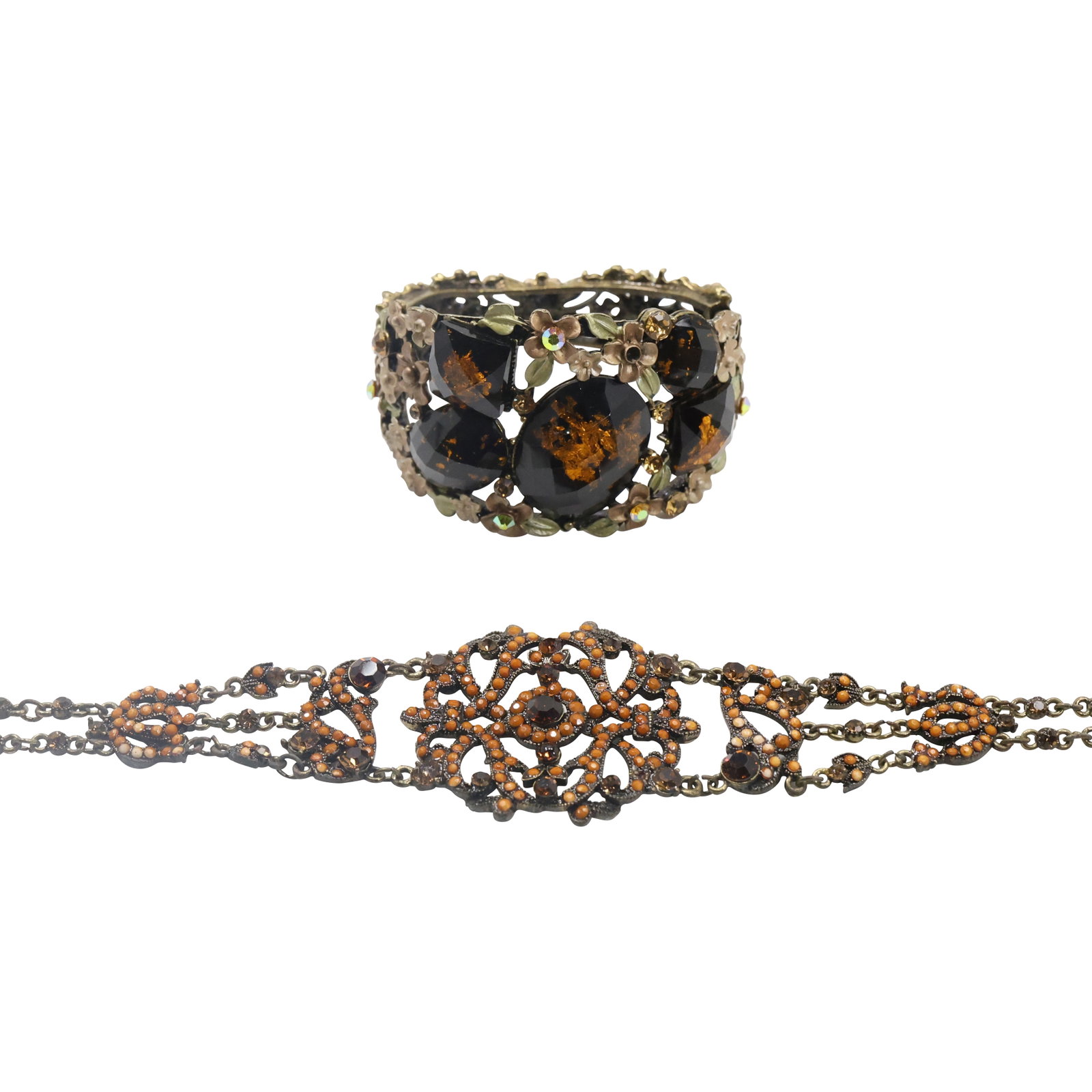 Vintage Orange Stones Rhinestones Choker Necklace & Wide Whimsical Enameled Cuff with Large: Vintage Orange Stones Rhinestones Choker Necklace 16 in. x 2 in. & Wide Whimsical Enameled Cuff with Large Internal Gold Dust Beads 3 in. x 2 in.