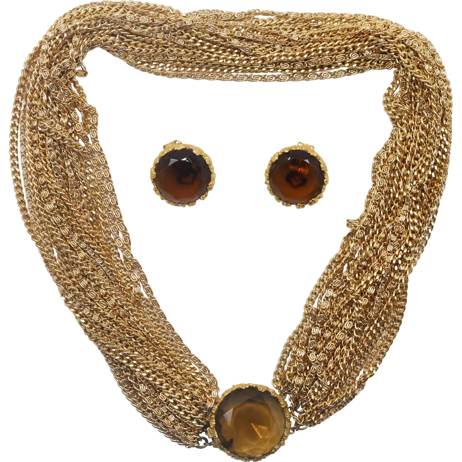 Vintage 1960s 3-Piece Costume Gold Tone 24 Strand Necklace with Faux Amber Closure, Matching (1 of 16)