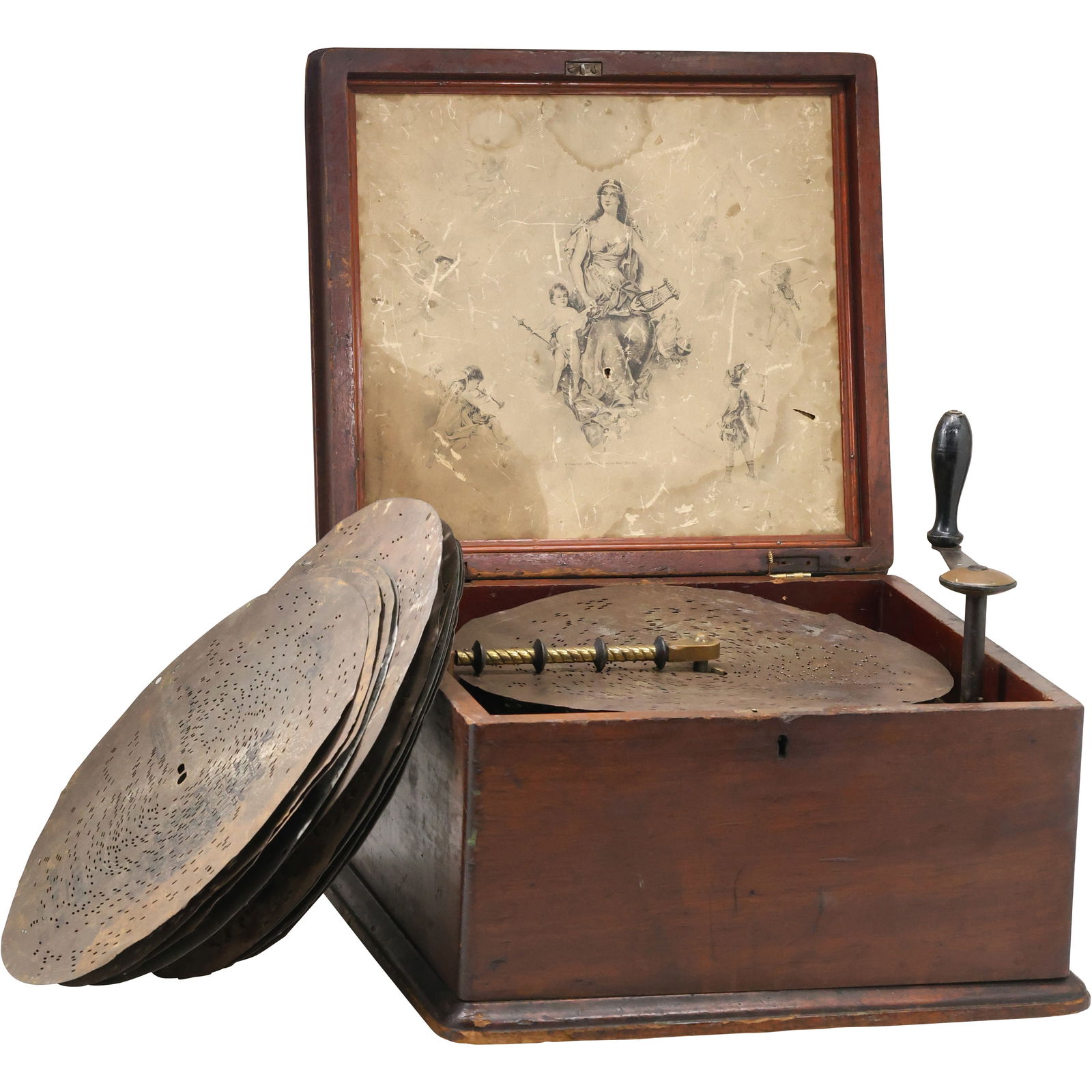 Antique REGINA Music Box #40230 with 12 Round Steel Discs 11 inches diameter: Antique REGINA Music Box #40230 with 12 Round Steel Discs 11 inches diameter. size: 14 in. x 13 in. ; discs are 11 in. dia.; Update: Regina Music box, I wound it, spring is good, turns slowly, played