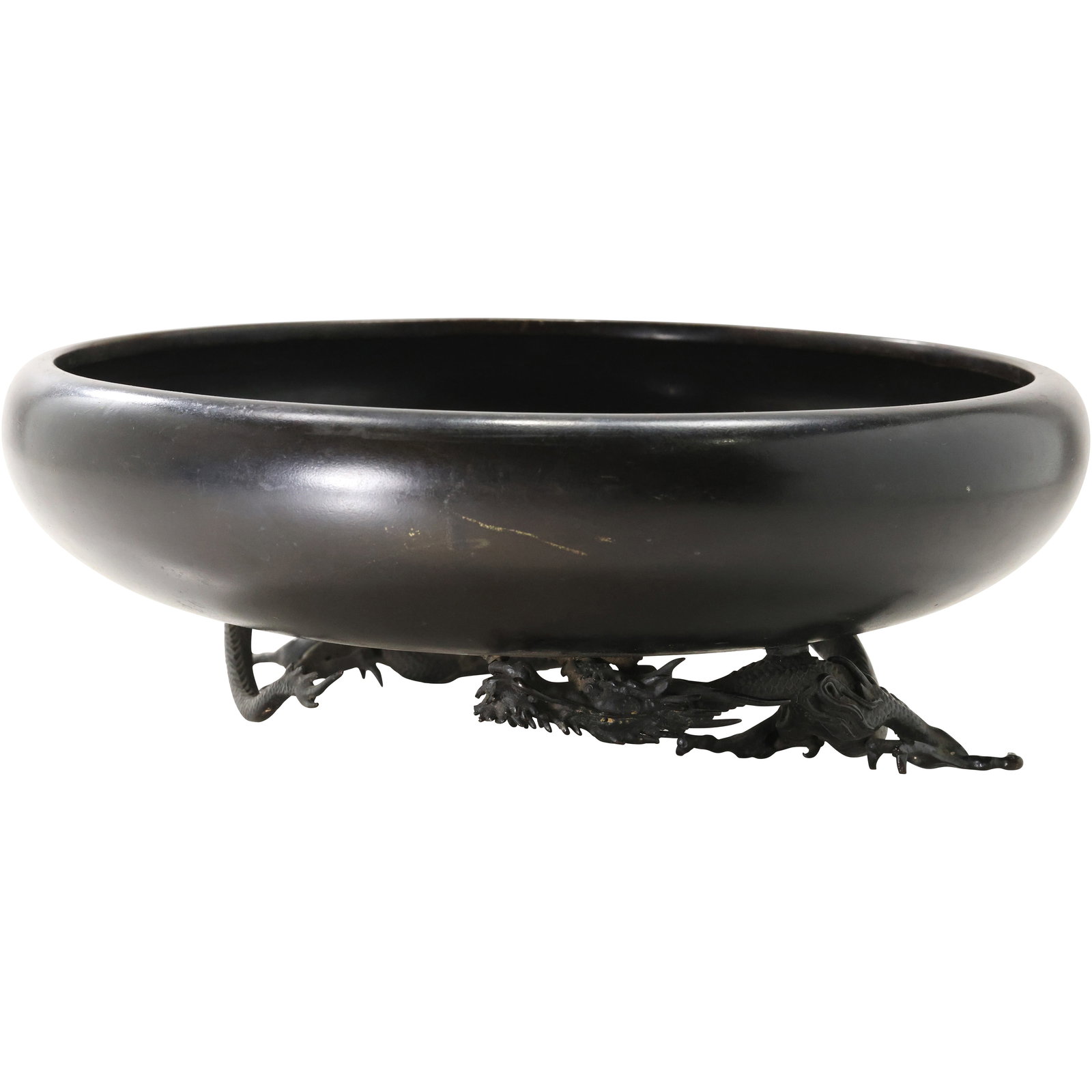 19th C. Japanese Bronze Low Bowl on a Dragon Figural Base 4 in. height x 12 inches diameter (1 of 13)