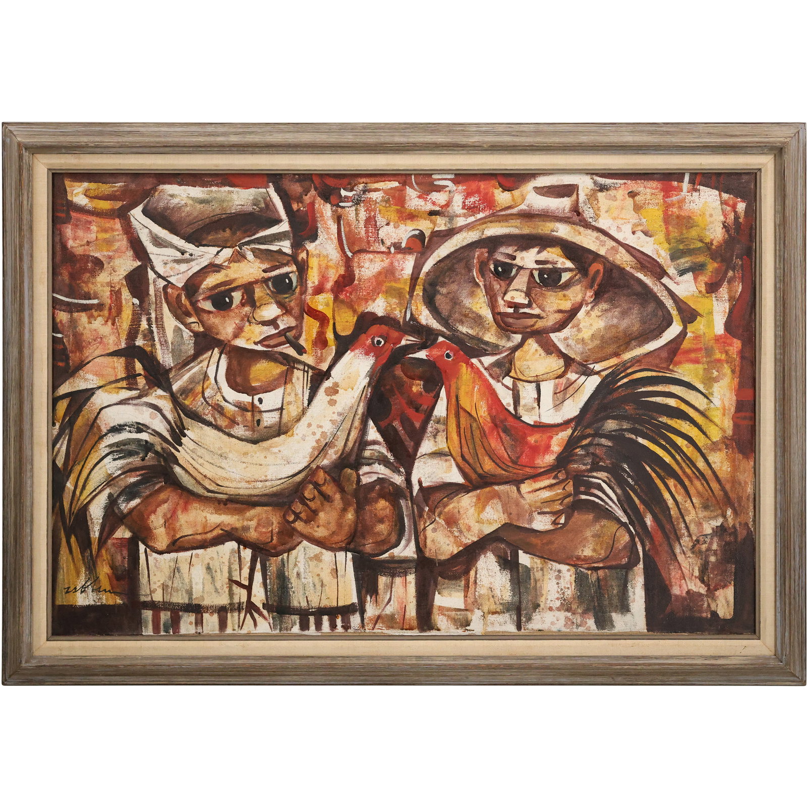 Artist-Signed Latin American Oil on Canvas - Figures with Hen and Rooster (1 of 17)