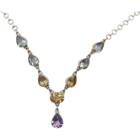 .925 Sterling Silver Necklace with Blue Amethyst, Citrines and Purple Amethyst 22 in. x 1.5 in.