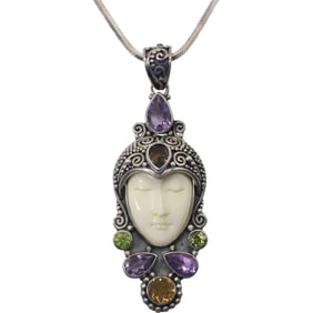 .925 Sterling Silver Sajen Necklace with Carved Bone Goddess Face surrounded by Purple Amethyst,