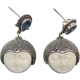 .925 Sterling Silver Sajen Earrings with Bone Carved Goddess Face with Tear Shaped Blue Topaz Stud