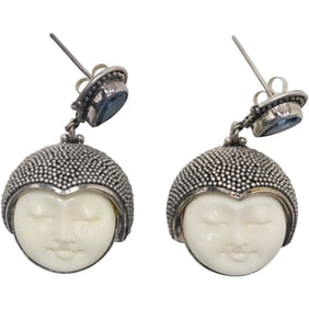 .925 Sterling Silver Sajen Earrings with Bone Carved Goddess Face with Blue Topaz Studs