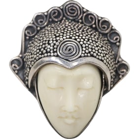 .925 Sterling Silver Sajen Bone Carved Goddess Face Ring Size 8 , 1 in. x 1 1/8 in.
