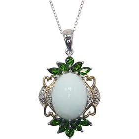 .925 Sterling Silver Necklace Opal Pendant with 10 Emeralds and 2 Diamonds on .925 Chain 18 in.