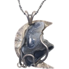Sterling Silver Moon and Geode Pendant Necklace on a .925 Sterling Silver 28 in. Chain