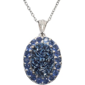 .925 Sterling Silver Geode surrounded by Sapphires Pendant Necklace on .925 Sterling 18 in. Chain