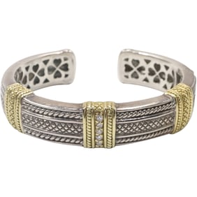 Quality SRT WD .925 Sterling Silver with 18K Gold 77.2 grams Cuff Bracelet with 8 Diamonds and