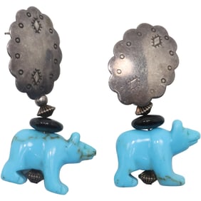 Sterling Silver CP Carolyn Pollack Native American Sterling and Turquoise Bears Earrings