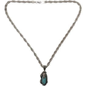Sterling Silver and Turquoise Native American Pendant Necklace marked r-96 Star, on .925 Sterling