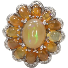Stunning .925 Sterling Silver with Center Opal surrounded by Opals Ring Size 8.25, 3/4 in.