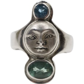 .925 Sterling Silver with Moon Face and Blue Topaz, Aquamarine Stones Ring Size 7 , 3/4 in. x 1 in.