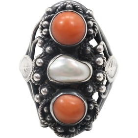 Sterling Silver Native American Indian Coral and Pearl Ring Size 5.25 , 1 in. x 3/4 in.