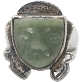 Sterling Silver with Jade Mayan Ring Size 8.5 , 1 in. x 1 in.
