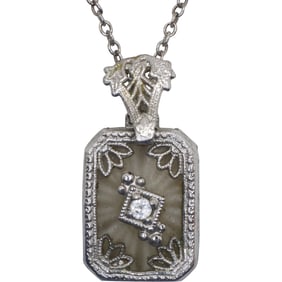 Sterling Silver Victorian Filigree White Spinel Pendant Necklace on .925 Sterling 18 in. Chain