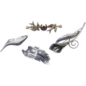 [4] Sterling Silver 35.6 grams Pins: 1920s Bird Pin with Large Garnet Stone 2 1/2 in. x 3/4 in.;
