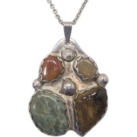 Sterling Silver HH Agate Stones Pendant Necklace on .925 Sterling Italy 20 in. Chain