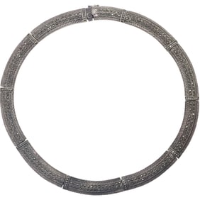 CW Sterling Silver and Marcasites Collar Necklace, Sectional Tongue Lock 5 3/4 in. dia. x 1/2 in.