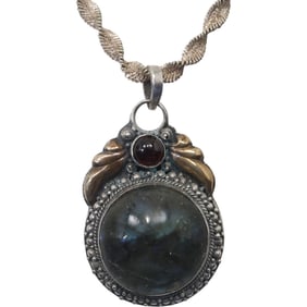 .925 Sterling Silver with Labradorite Stone and Garnet Stone Pendant Necklace on .925 Sterling