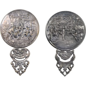 2 Denmark Small Silver Pocket Mirrors with Relief Scenes