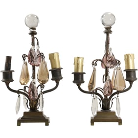 Matched Pair Hollywood Regency Accent Table Lamps 2-Light with Crystal Glass Ball & Prisms