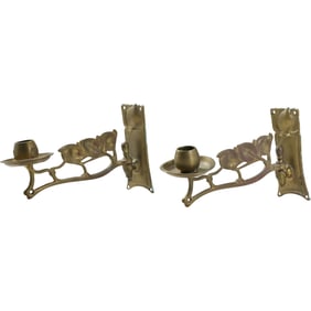 marked C&A, Pair Vintage Brass Wall Mount Swivel Candlesticks with Leaves 9 in. length