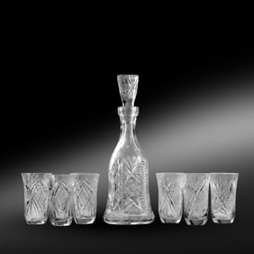 Quality Cut Glass Crystal Decanter with Stopper and 6 Cut Glass Crystal Goblets