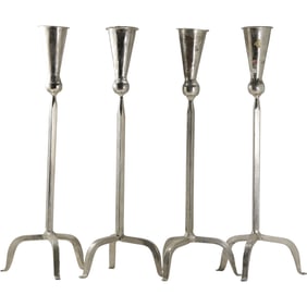 Set of 4 Danish Design Tall Alumium Candlesticks on Legs 18 in. height, 6.5 in. wide at base