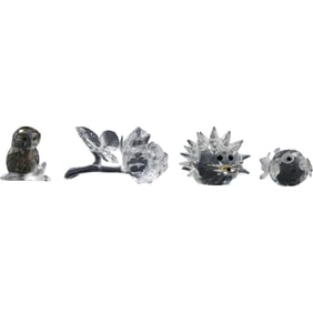 4 Assorted Signed Swarovski Faceted Crystal Glass Figures: Owl, Flower, Cat, Fish