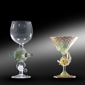 [2] Murano Glass Dolphin Stemware Attributed to Salviati & Art Glass Fish Center Stemware