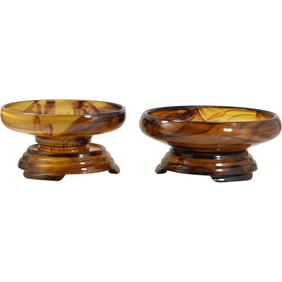 2 Art Deco Tortoise Shell Amber Glass Bowl and Compote on Bases, Made in England