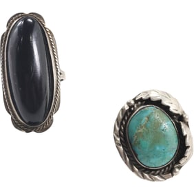 2 Sterling Silver Rings: Native American Indian Blank Onyx Ring size 7.5 ; Turquoise with Feather