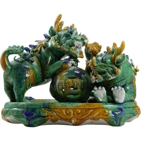Majolica Grouping of Two Chinese Buddhist Foo Dogs / Lions 8.25 in. height x 10.25 in. length