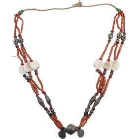 Vintage Sterling and Coral Bead Chinese Necklace 34 inches length x 3 in. wide
