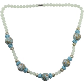 Green Chalcedony with Hand Threaded Beads Blue & Gold Silk Threads Necklace 24 in. x 3/4 in.