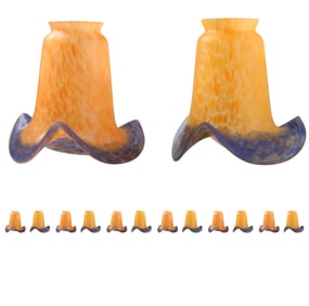 Set of 12 signed VIANNE French Art Glass Lamp Shades Orange to Blue Ruffled Rim 2.25 in. fitter
