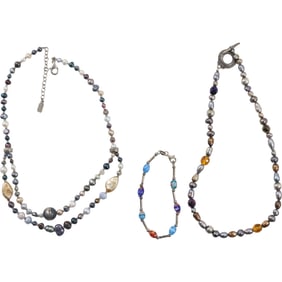 [3] .925 Sterling Toggle Closure Pearl Necklace 16 in. x 1/4 in.; Peyote Bird .925 Sterling 2-Strand