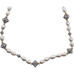 Sterling Silver Beads with Genuine Freshwater Cultured Baroque Pearls, Opals Necklace 36 in.