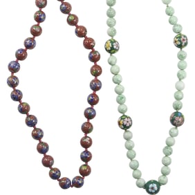 [2] Vintage Cloisonne Beads Necklace 25 in. x 1/2 in. ; Jadeite and Cloisonne Beads Necklace