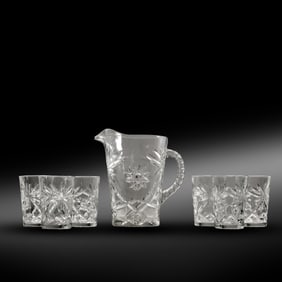 Pressed Glass "Star" Water Pitcher with 6 Matching Glass Tumblers