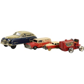 4 Assorted Tin Lithography Toy Cars including State Police Car, Tractor, Automobile , Bead Delivery