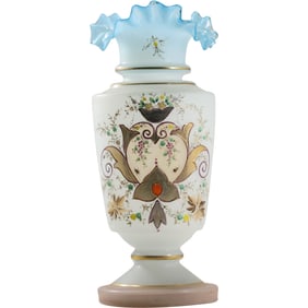 Hand Painted and Enameled Victorian Opaline Glass Vase with Blue Ruffled Rim 12 in. height