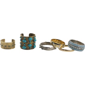 6 Assorted Costume Jewelry Fashion Bracelets Cuff and Bangle: Silver Tone with Turquoise Beads;